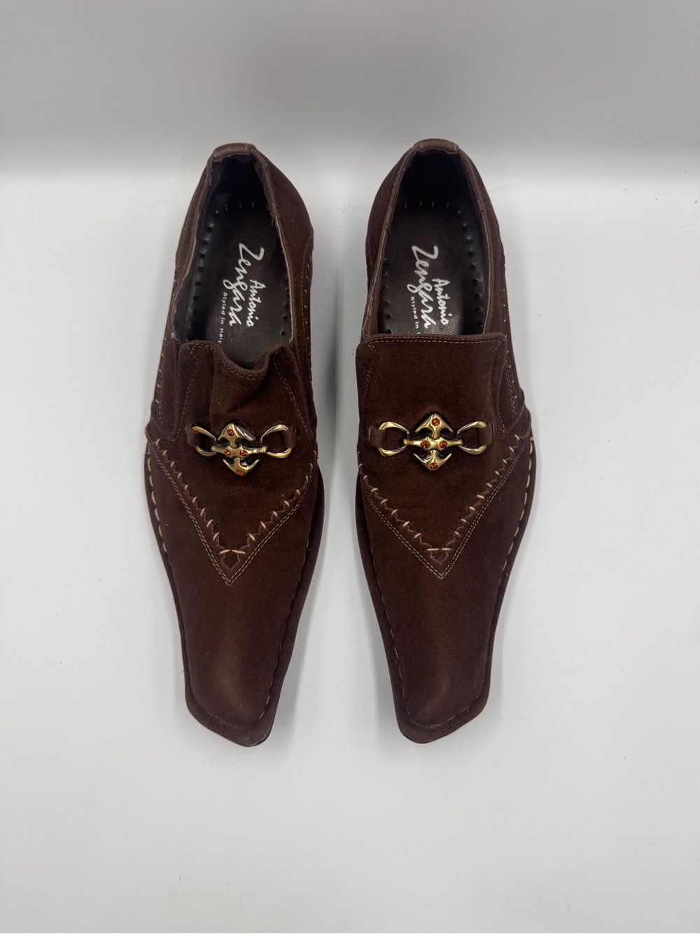 Men's 7.5 Antonio Zengara Brown Suede Slip-On Loafers with Gold Bit